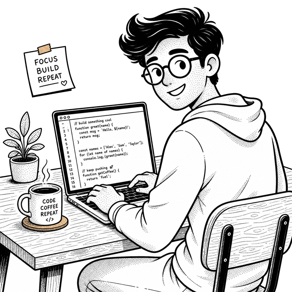 Illustration of Neil coding on a laptop with a cup of coffee