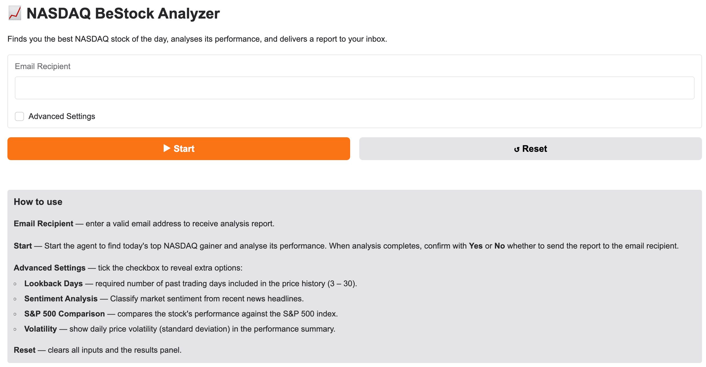 Bestock Analyzer landing page